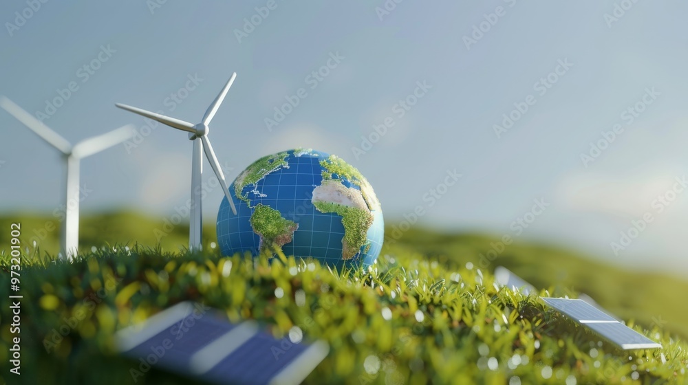 Globe showcased with icons of alternative energy such as wind and solar power against a fresh green backdrop. Close-up photo with clean background Globe showcased with icons of alternative energy such as wind and solar power against a fresh green backdrop. Close-up photo with clean background