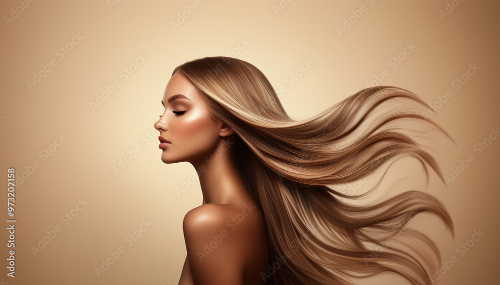 Healthy hair care, beauty and woman with clean shampoo hair after self care treatment, spa beauty salon or luxury wellness routine. Shine, soft and natural blond model isolated on beige background Healthy hair care, beauty and woman with clean shampoo hair after self care treatment, spa beauty salon or luxury wellness routine. Shine, soft and natural blond model isolated on beige background