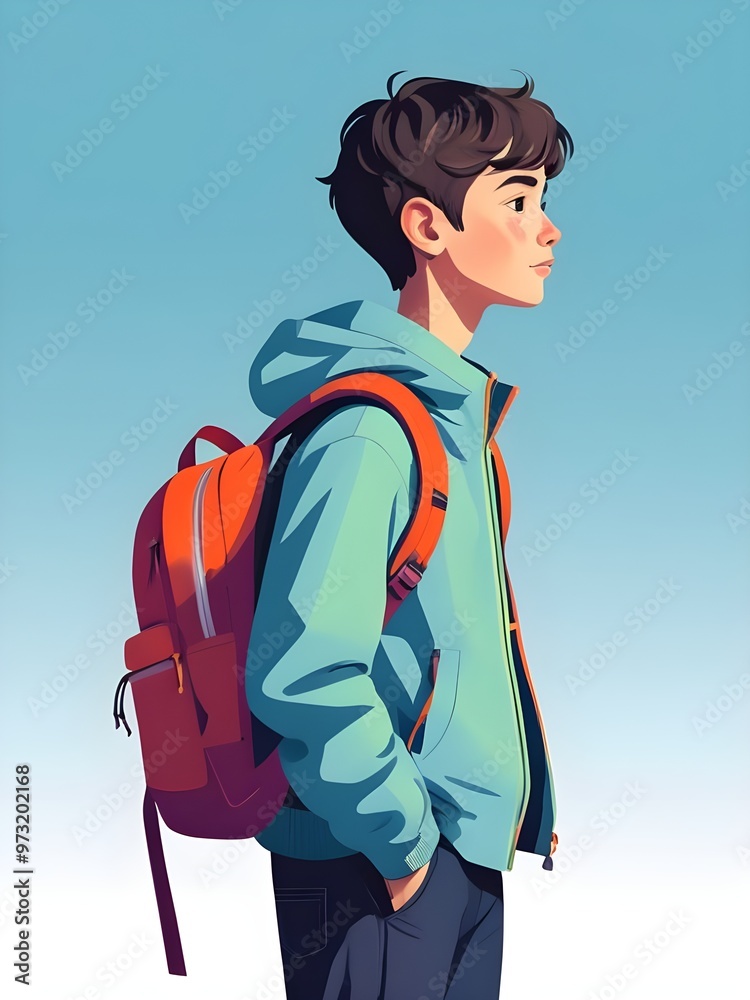 Digital illustration of a young boy wearing a backpack Digital illustration of a young boy wearing a backpack