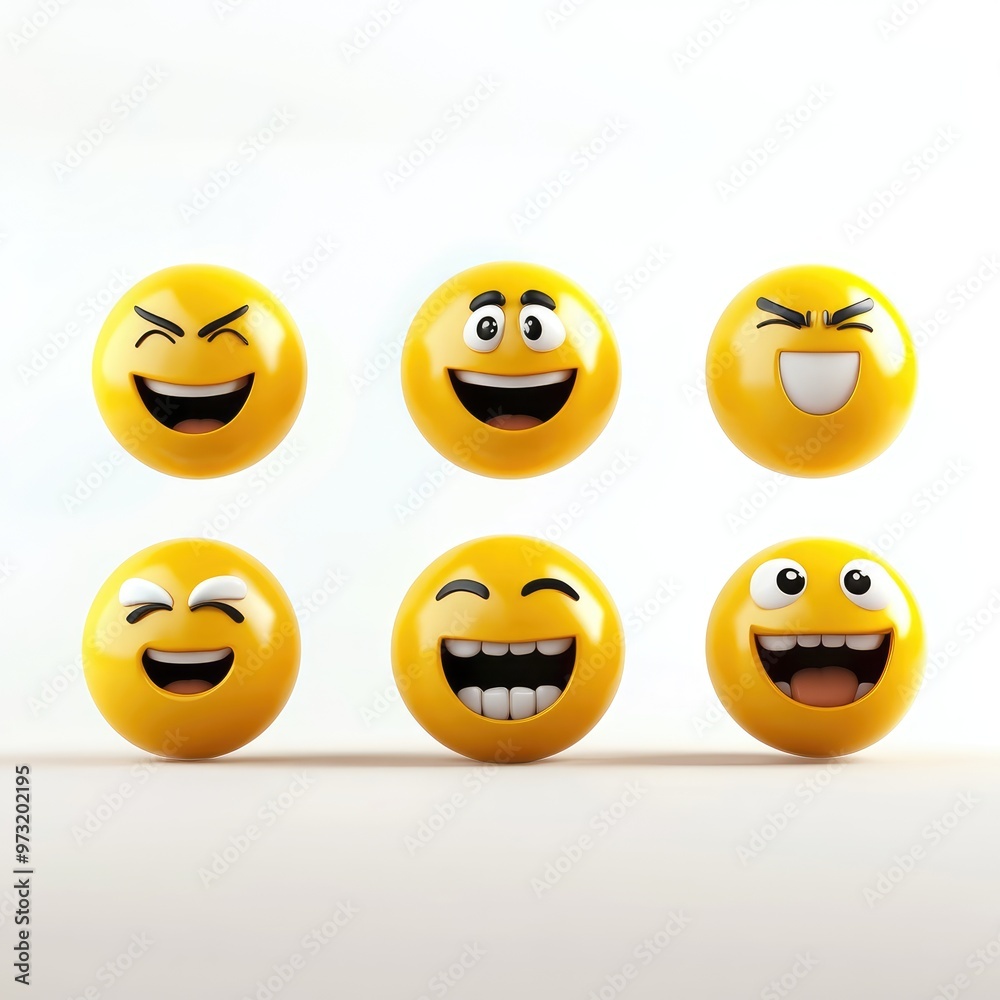 A joyful collection of six expressive yellow emojis showcasing various emotions against a plain background, perfect for conveying feelings in digital communication A joyful collection of six expressive yellow emojis showcasing various emotions against a plain background, perfect for conveying feelings in digital communication