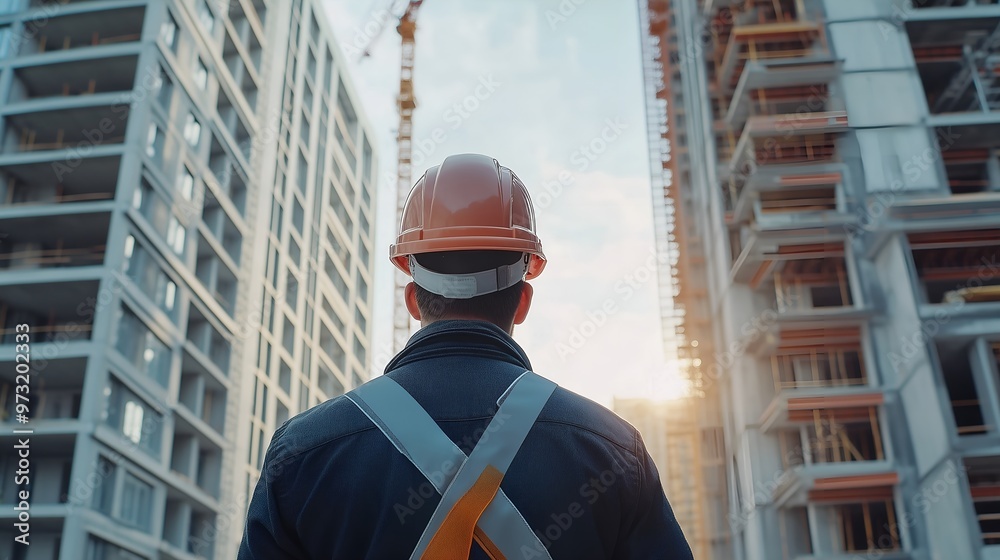 Construction Worker Overseeing Urban High-Rise Development Construction Worker Overseeing Urban High-Rise Development