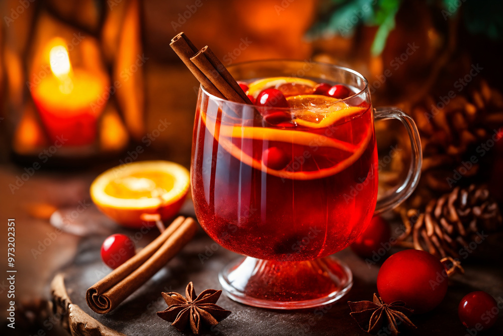 Glass of hot mulled wine with oranges and spices on wooden background. Close-up side view. Glass of hot mulled wine with oranges and spices on wooden background. Close-up side view.