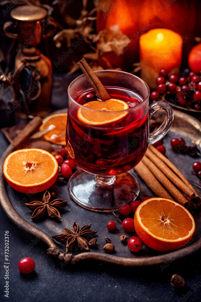 A glass of hot mulled wine with oranges and spices on wooden tray background. Close-up side view. A glass of hot mulled wine with oranges and spices on wooden tray background. Close-up side view.