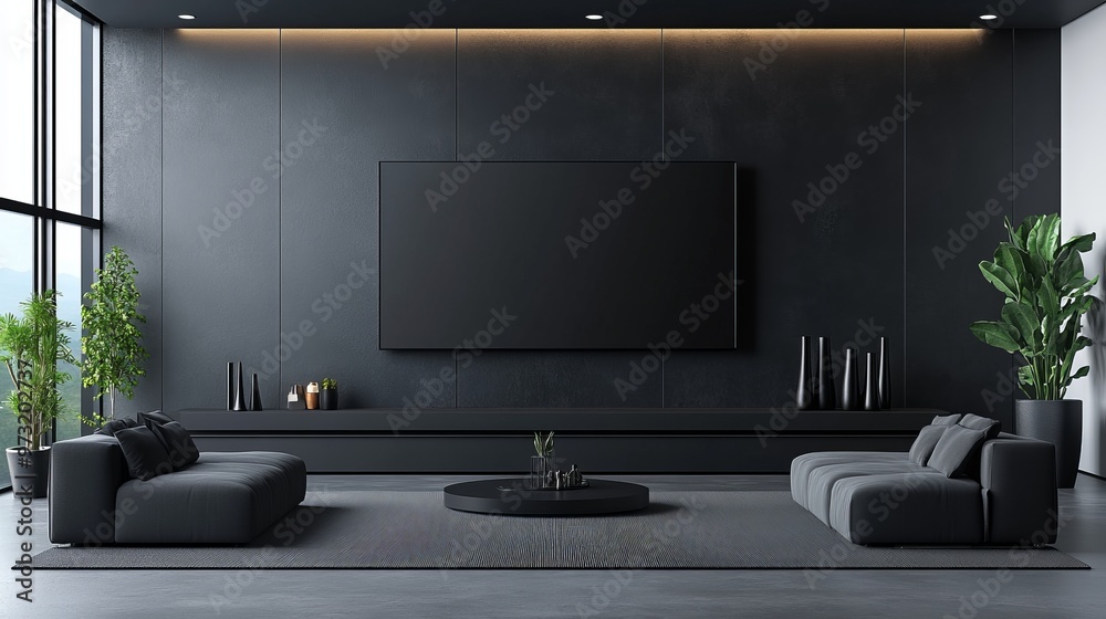A modern living room featuring sleek furniture, a large TV, and stylish plants, ideal for contemporary interior design. A modern living room featuring sleek furniture, a large TV, and stylish plants, ideal for contemporary interior design.