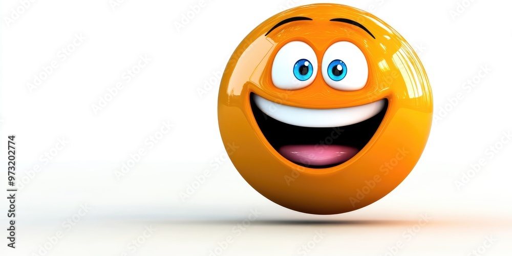 Fototapeta premium A cheerful, vibrant orange emoji with big eyes and a wide grin, showcases joy and positivity in a minimalist setting, perfect for conveying happiness and good vibes