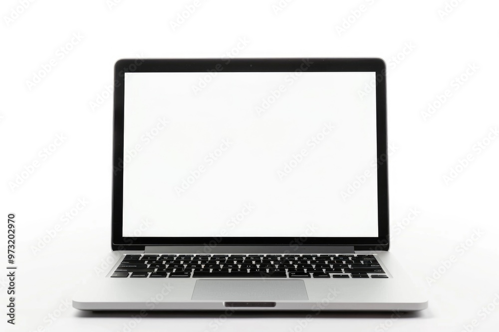 A laptop with a white screen on a table, ideal for use in presentations, meetings, and training sessions A laptop with a white screen on a table, ideal for use in presentations, meetings, and training sessions