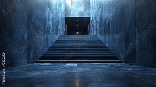 A mysterious stairway leads into an illuminated entrance, surrounded by cool blue tones and sleek textures.