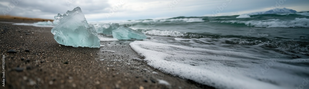 Serene icy seascape on black sand beach with transparent icebergs in spring Serene icy seascape on black sand beach with transparent icebergs in spring