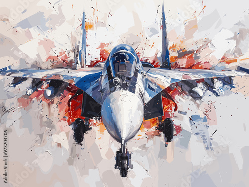 Military fighter jet on the background of an oil painting. Illustration