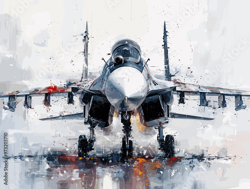 Military fighter jet on the background of an oil painting. Illustration photo