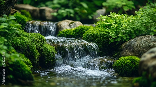 Close-up of a small waterfall in a lush green forest.