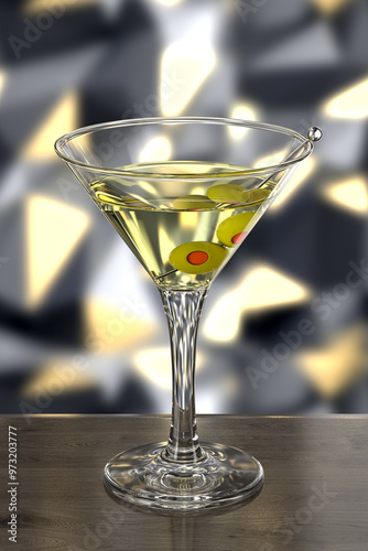 Wallpaper Mural Glass with cocktail on wooden table against wall with spotlights. Bar theme. Dark environment. Drink with olives. 3d rendering. Torontodigital.ca