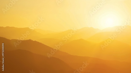 Golden light bathing mountain silhouettes at sunrise, clear horizon Close-up photo with clean background