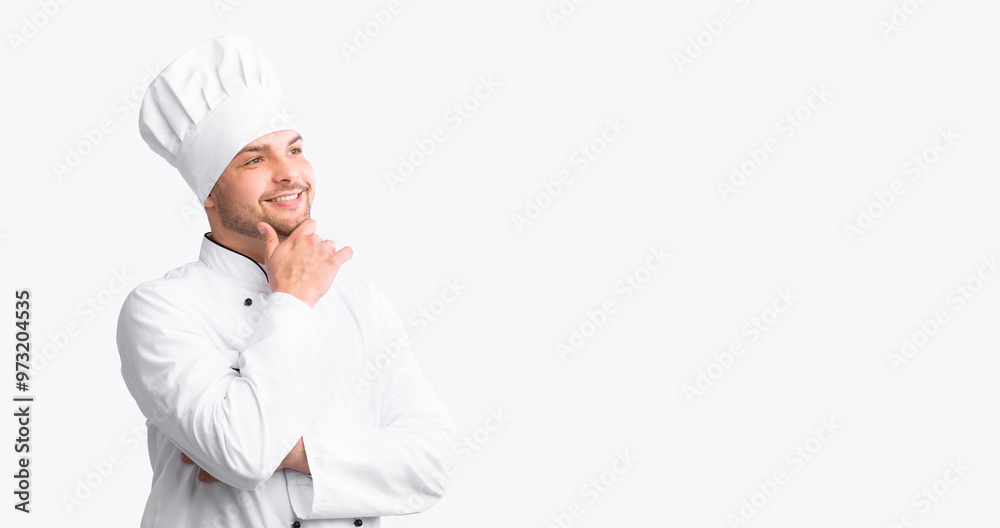 Happy Chef Man Thinking And Dreaming About Own Restaurant Posing Touching Chin Over White Background. Studio Shot, Empty Space Happy Chef Man Thinking And Dreaming About Own Restaurant Posing Touching Chin Over White Background. Studio Shot, Empty Space