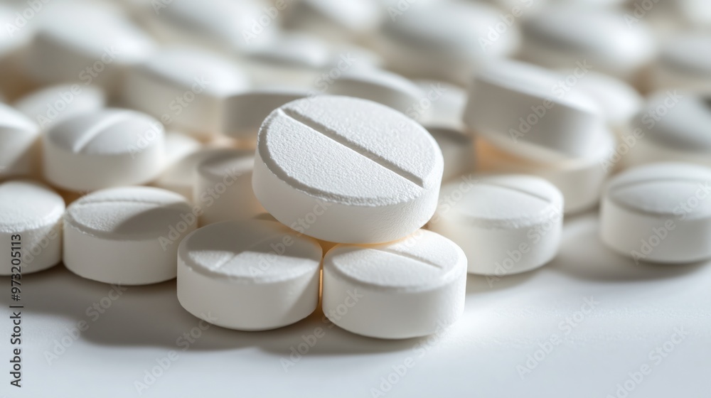 Close-up of white pills on white background for medical and pharmaceutical design Close-up of white pills on white background for medical and pharmaceutical design