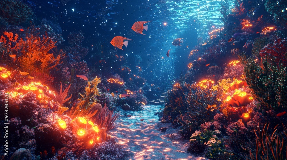 An underwater scene where fish, corals, and seaweed have a 3D glowing effect, bringing a magical and vibrant life to the deep sea An underwater scene where fish, corals, and seaweed have a 3D glowing effect, bringing a magical and vibrant life to the deep sea