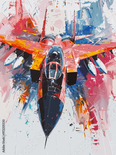 Military fighter jet on the background of an oil painting. Illustration