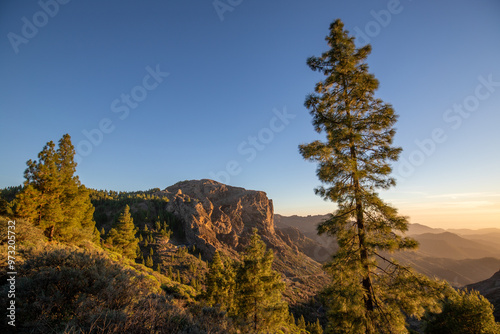 Mountain and landscape view, sunset at Roque Nublo park on Gran Canaria island, Spain