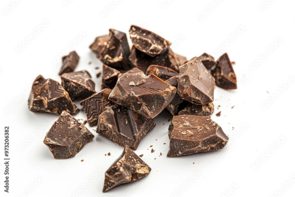 A pile of chocolate pieces on a white surface, great for food photography and packaging designs