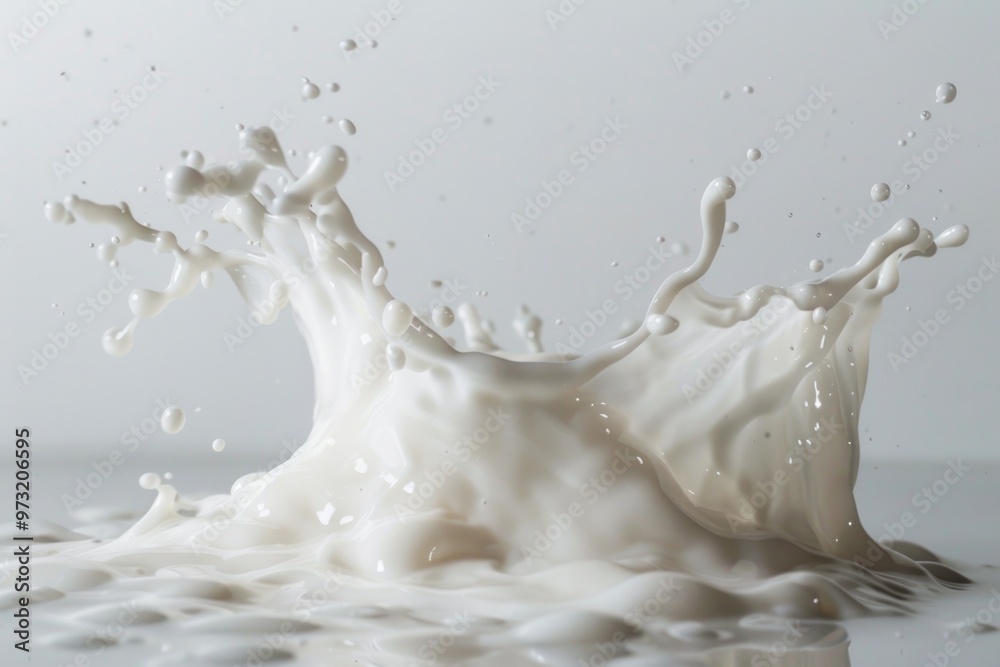 A splash of milk on a table, often used as a decorative element in still life photography or as a prop for food and drink styling A splash of milk on a table, often used as a decorative element in still life photography or as a prop for food and drink styling