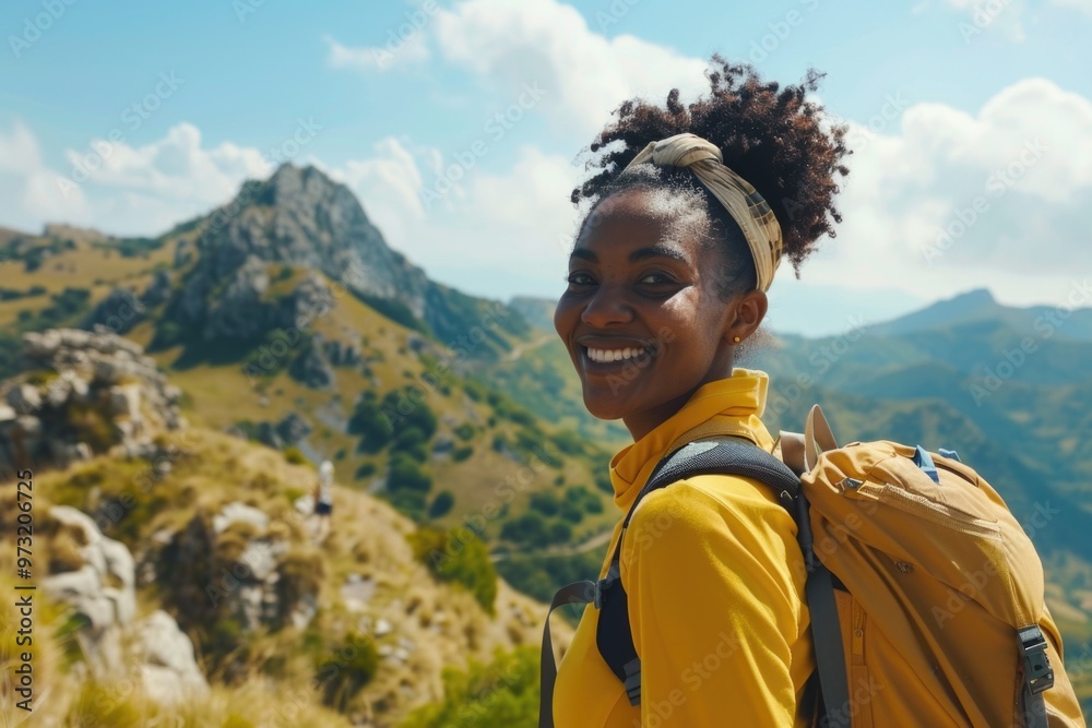 A happy woman standing with a backpack, smiling directly at the camera A happy woman standing with a backpack, smiling directly at the camera