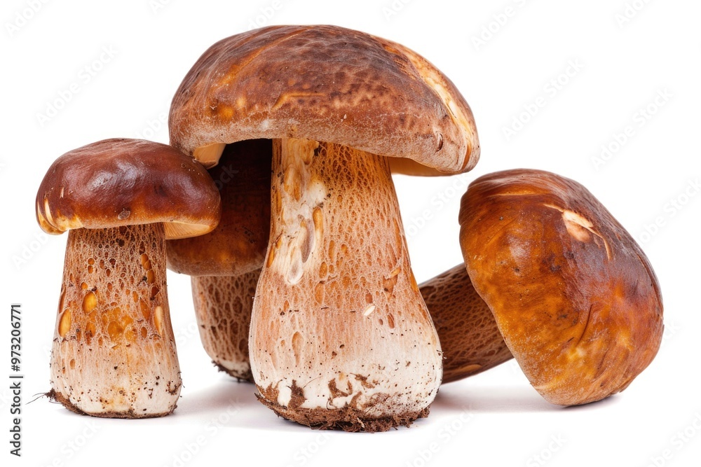 A cluster of various mushrooms on a clean white background A cluster of various mushrooms on a clean white background