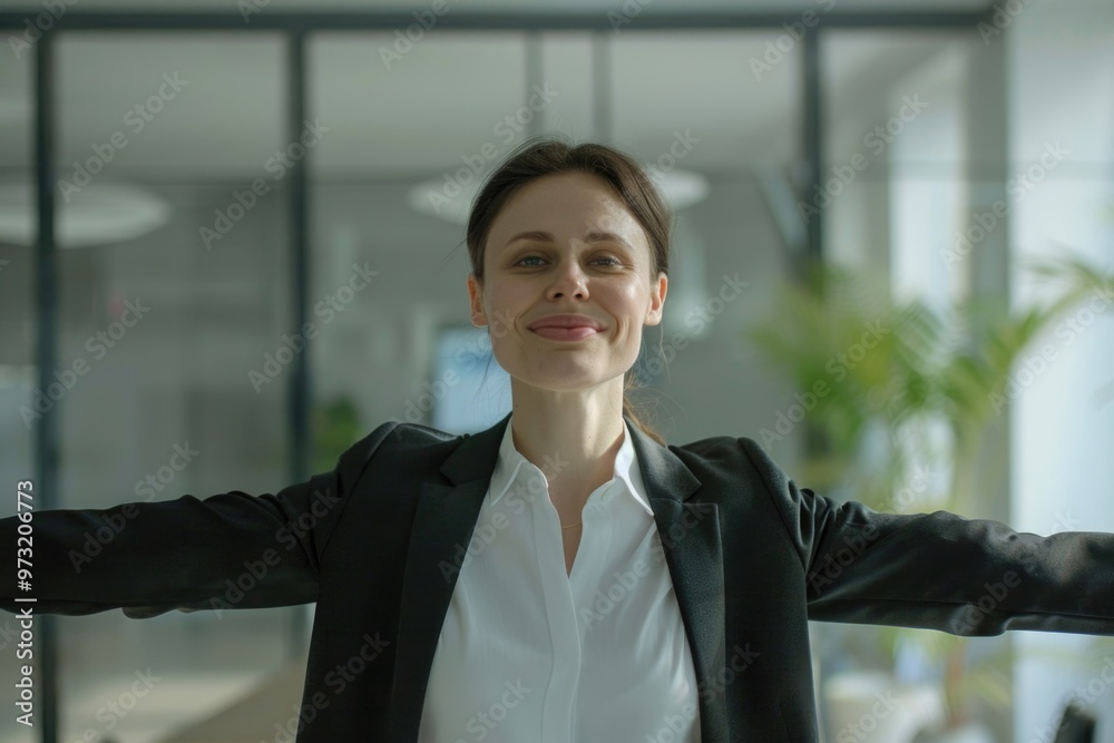 A professional woman stands with open arms, conveying confidence and enthusiasm A professional woman stands with open arms, conveying confidence and enthusiasm