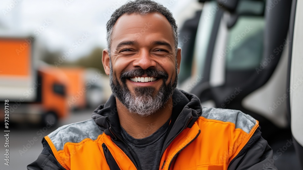 Happy man in bright orange jacket smiling in front of trucks for spring campaign poster