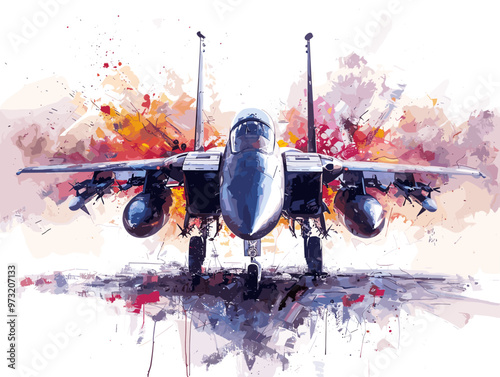 Military fighter jet on the background of an oil painting. Illustration