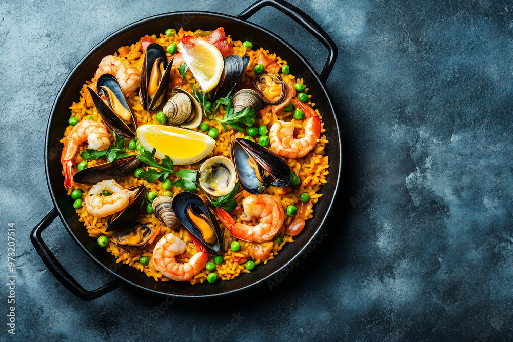 Classic Spanish dish, seafood paella in traditional frying pan. Spanish paella with shrimps, clams, mussels, green peas and fresh lemon wedges on top Classic Spanish dish, seafood paella in traditional frying pan. Spanish paella with shrimps, clams, mussels, green peas and fresh lemon wedges on top