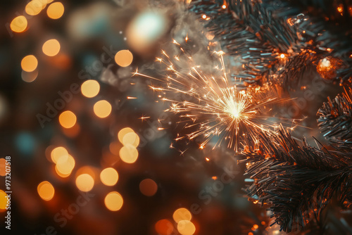 Sparkler lighting up a Christmas tree with festive bokeh lights