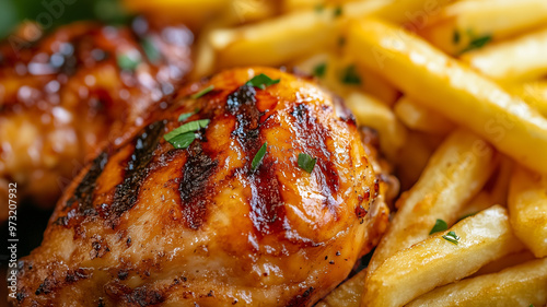 closeup of grilled chicken with french fries. Delicious dish with chicken meat and french fries. The meat is grilled with tasty herbs. Hot meal, fat food, cholesterol raising food. photo