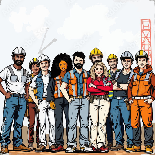 A group of diverse construction workers and engineers editable vector illustration.