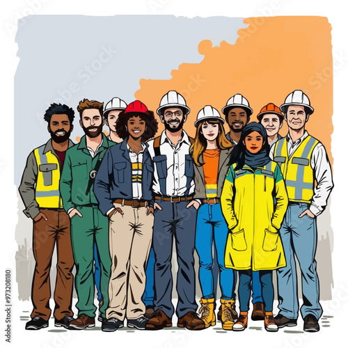 A group of diverse construction workers and engineers editable vector illustration.