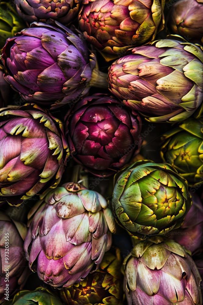 Top view of a bunch of ripe, colorful organic artichokes, highlighting their natural beauty variety Top view of a bunch of ripe, colorful organic artichokes, highlighting their natural beauty variety