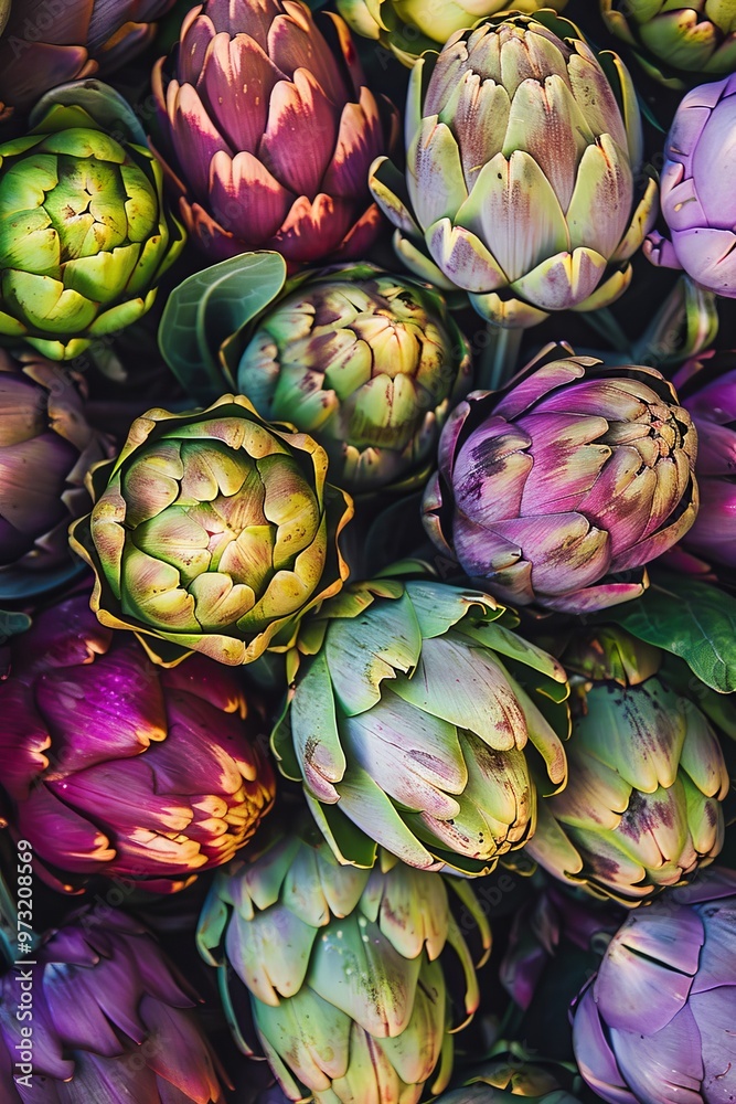 Fototapeta premium Top view of a bunch of ripe, colorful organic artichokes, highlighting their natural beauty variety