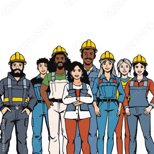 A group of diverse construction workers and engineers editable vector illustration.