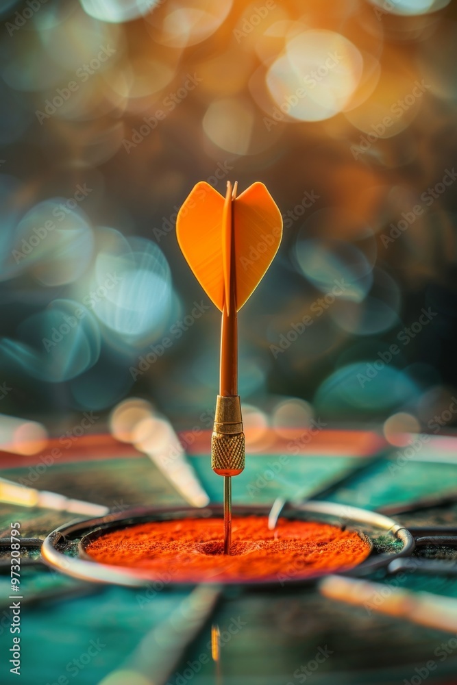 Dart arrow hitting the center of a target on a dartboard, symbolizing the achievement of busines Dart arrow hitting the center of a target on a dartboard, symbolizing the achievement of busines