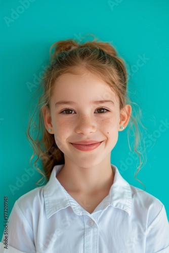 A vibrant portrait a smiling schoolgirl, isolated against a teal background