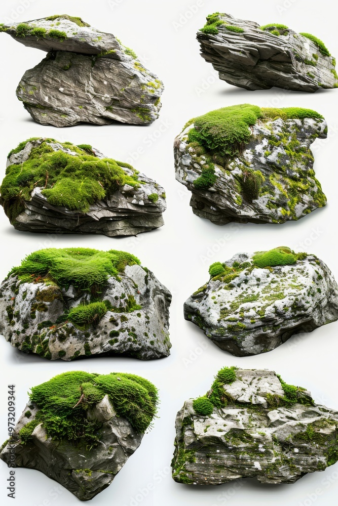 A series of isolated stone rocks with lush green moss, rendered in PNG format with a transparent A series of isolated stone rocks with lush green moss, rendered in PNG format with a transparent