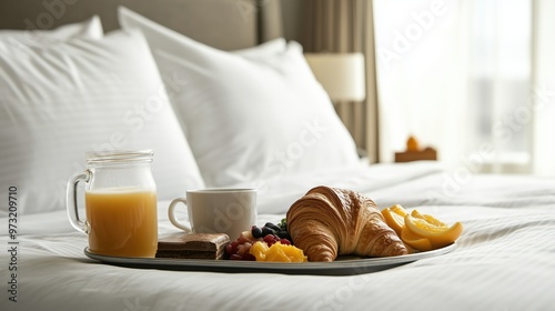 Luxurious breakfast in bed with croissants and fresh juice - hotel stay experience