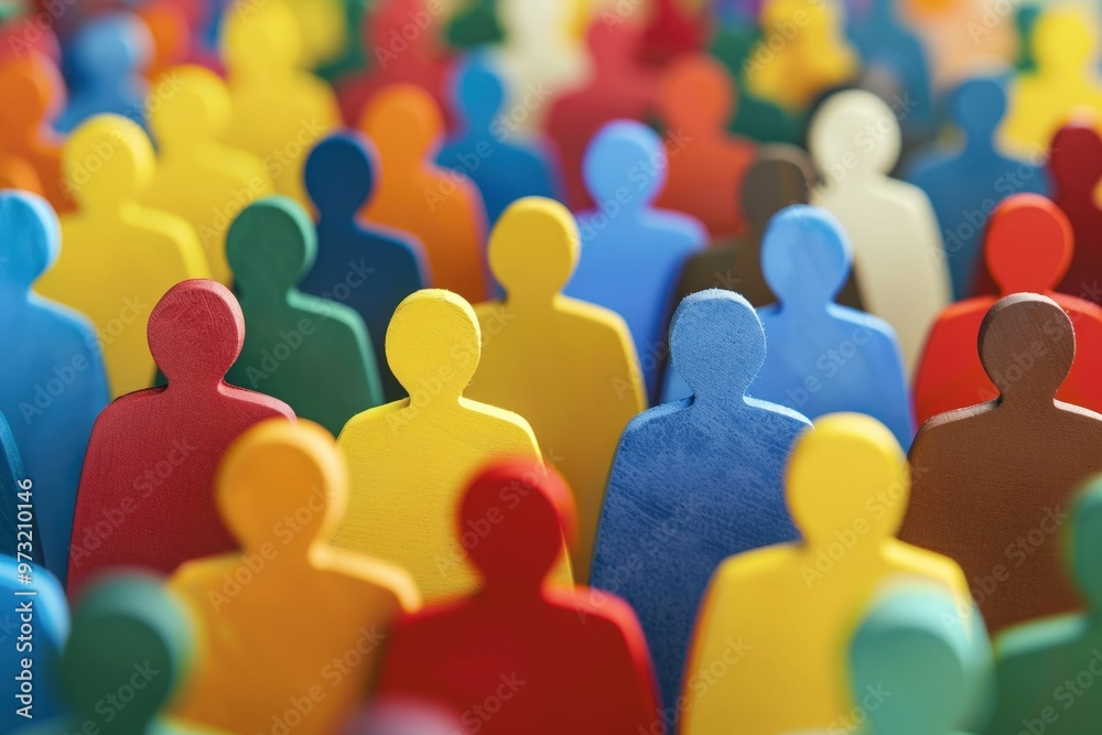 Fototapeta premium A tightly framed scene of a diverse, paper cut-out crowd, each figure distinct yet part of a larger, colorful community. Beautiful simple AI generated image