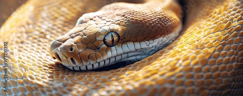 Close-up of a python's intricately patterned and textured body against a plain background, highlighting the snake's mesmerizing and detailed scales in an elegant and captivating manner. photo