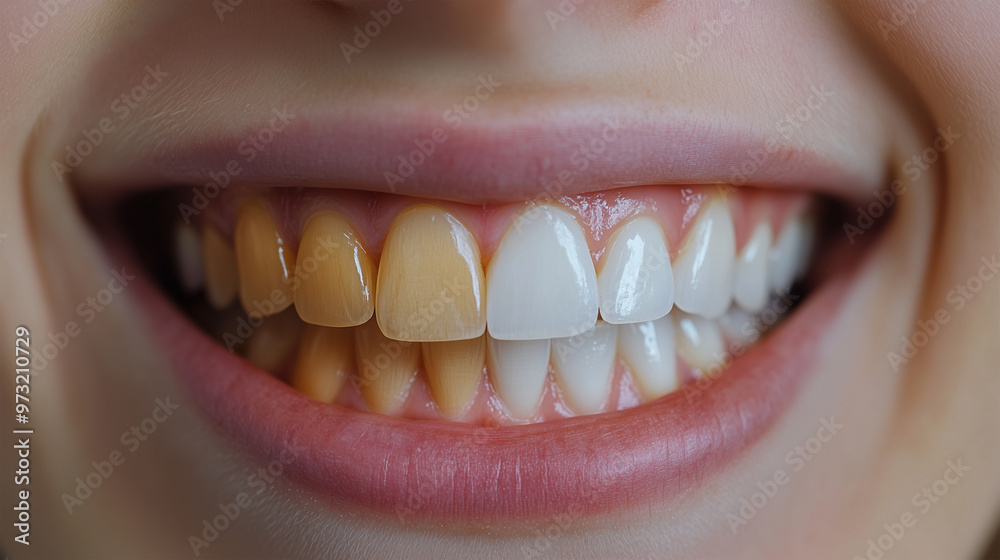 Fototapeta premium Close-Up of a Girl's Teeth Showing Before and After Comparison – Detailed View with a Line Down the Middle Highlighting Differences, Ideal for Dental Treatments, Cosmetic Dentistry, and Smile Transfor