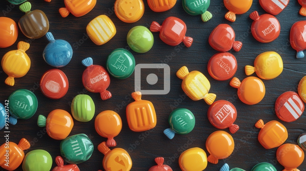 Fototapeta premium Halloween candy in vintage wrappers on an old wooden table, nostalgic vibe, 3D illustration