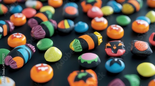 Halloween candy in spooky wrappers, scattered across a dark table, 3D illustration photo