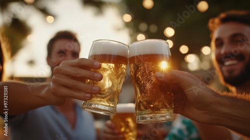 Cheers to friendship: close-up of people toasting with beer mugs outdoors