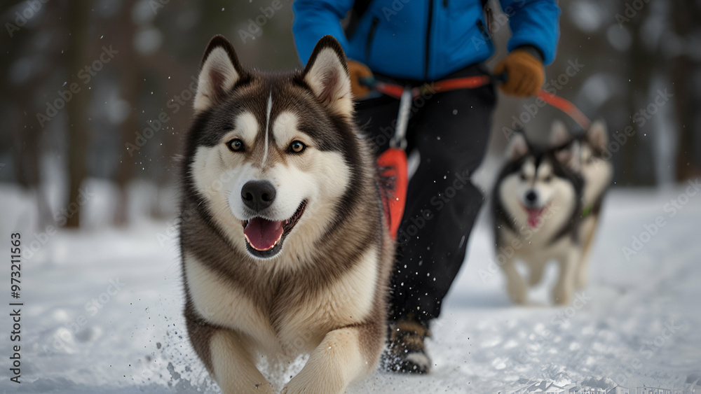Close-up of a determined Alaskan Malamute racing in a thrilling sled dog race. Close-up of a determined Alaskan Malamute racing in a thrilling sled dog race.