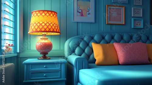 Bright and cozy living room featuring a turquoise couch, colorful cushions, and a stylish lamp for a cheerful ambiance. photo