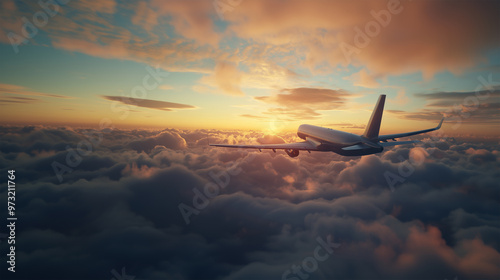 Airplane Flying Against a Clear Sky – Captivating Image of a Airplane Soaring Through the Open Sky, Perfect for Travel, Aviation, Adventure Themes, and Sky-Related Visuals in  Creative Projects. photo